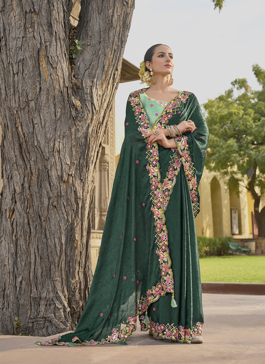 Pine Green Tissue Organza Embroidered Silk Designer Saree