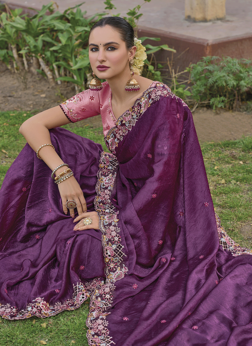 Wine Tissue Organza Embroidered Silk Designer Saree
