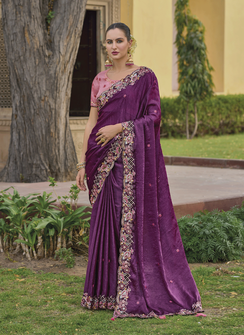 Wine Tissue Organza Embroidered Silk Designer Saree
