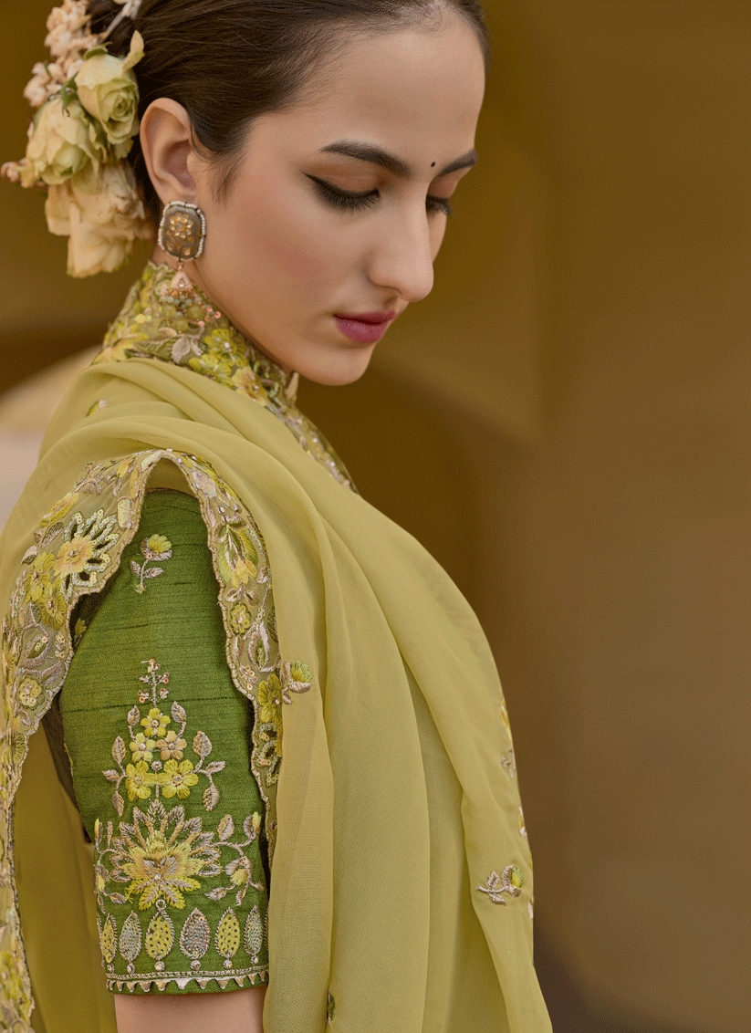 Yellow Tissue Organza Embroidered Silk Designer Saree