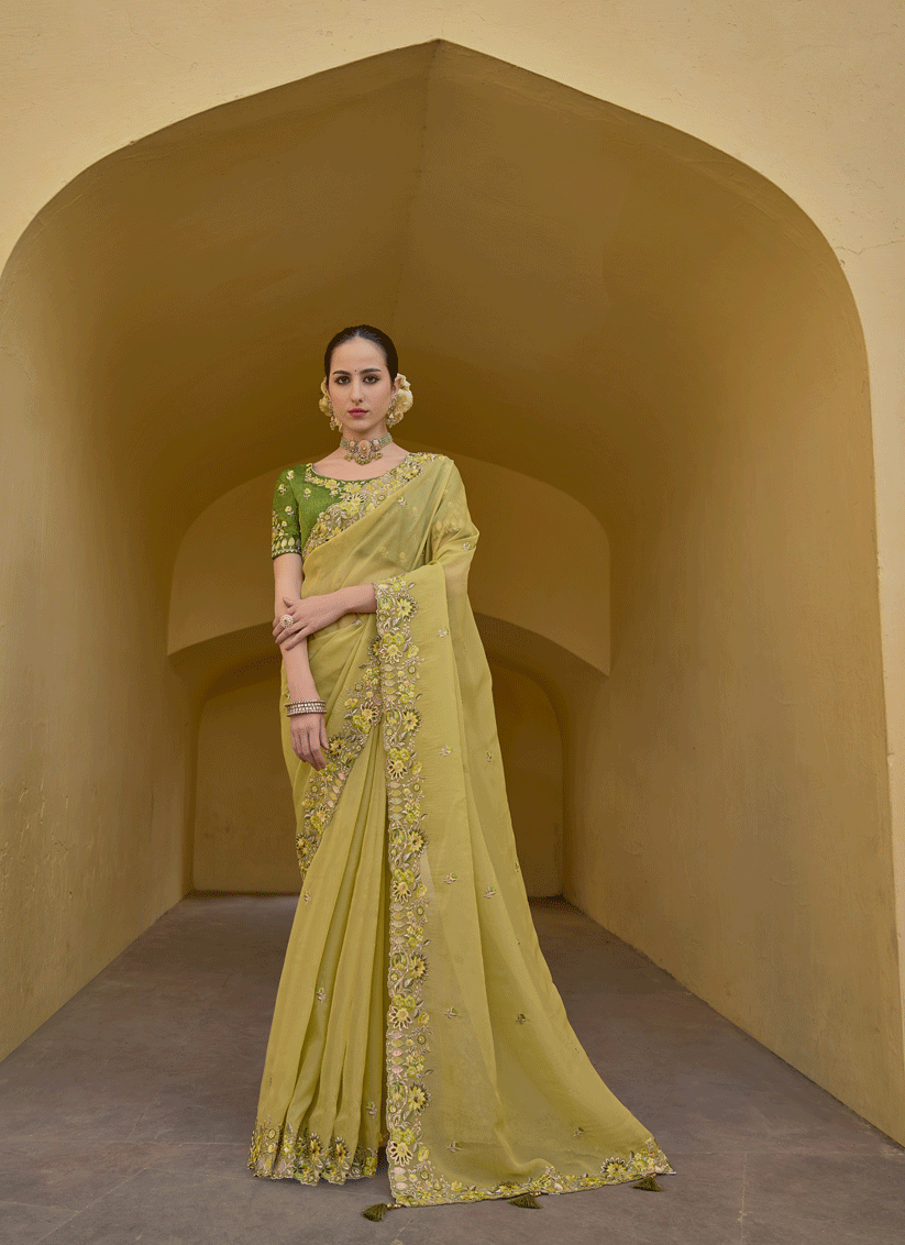Yellow Tissue Organza Embroidered Silk Designer Saree