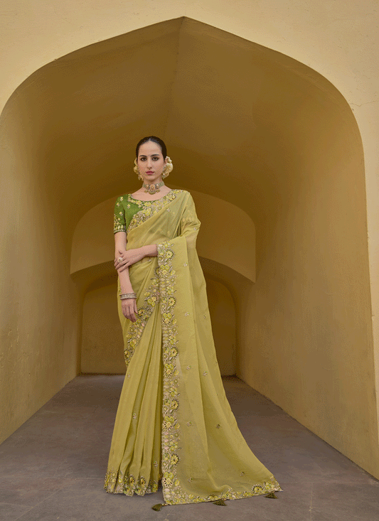 Yellow Tissue Organza Embroidered Silk Designer Saree