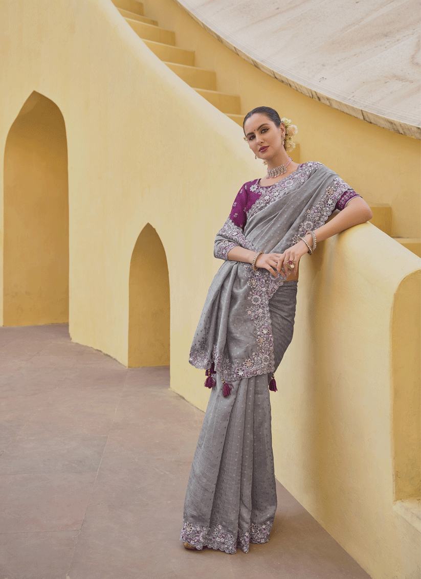 Smoke Grey Tissue Organza Embroidered Silk Designer Saree