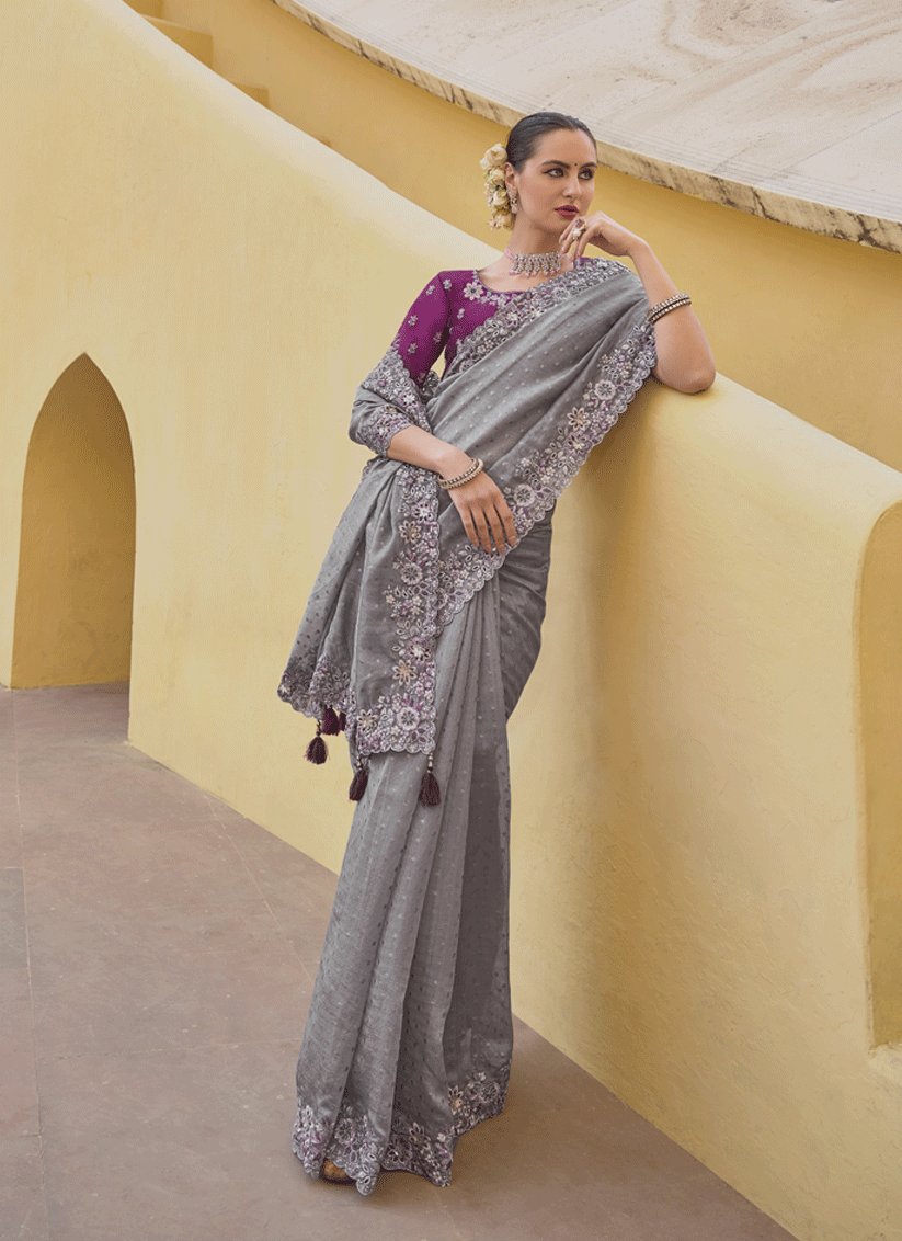 Smoke Grey Tissue Organza Embroidered Silk Designer Saree