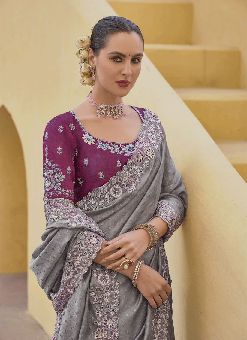 Smoke Grey Tissue Organza Embroidered Silk Designer Saree