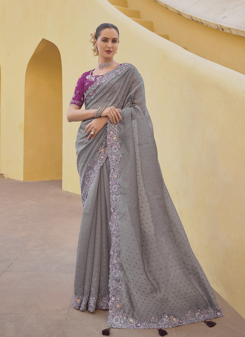 Smoke Grey Tissue Organza Embroidered Silk Designer Saree