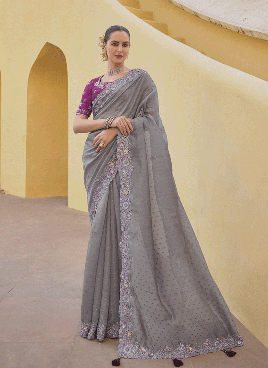 Smoke Grey Tissue Organza Embroidered Silk Designer Saree