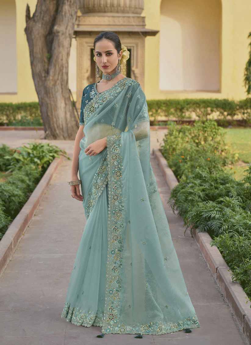 Mint Blue Tissue Organza Embroidered Silk Designer Saree