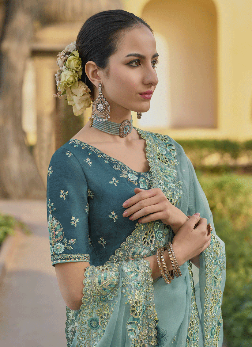 Mint Blue Tissue Organza Embroidered Silk Designer Saree