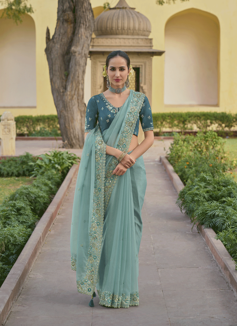 Mint Blue Tissue Organza Embroidered Silk Designer Saree