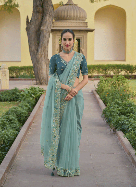 Mint Blue Tissue Organza Embroidered Silk Designer Saree