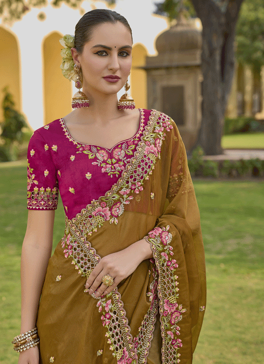 Mustard Tissue Organza Embroidered Silk Designer Saree