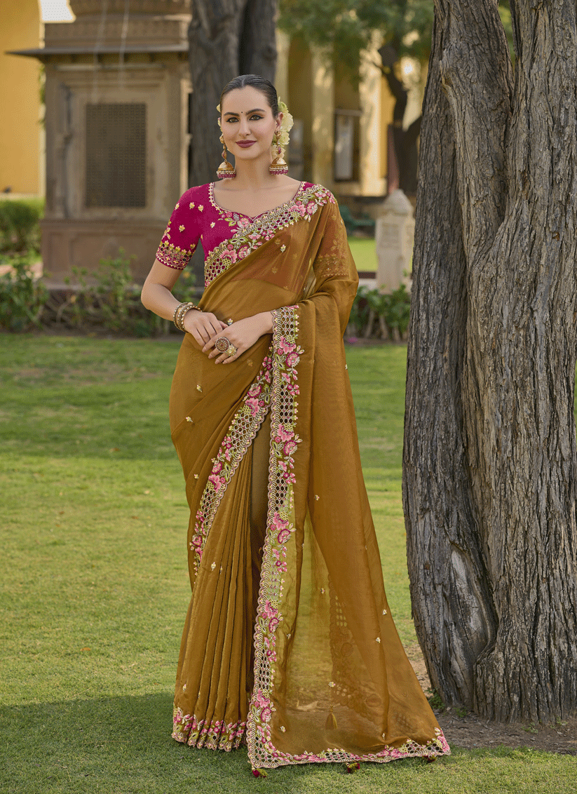 Mustard Tissue Organza Embroidered Silk Designer Saree