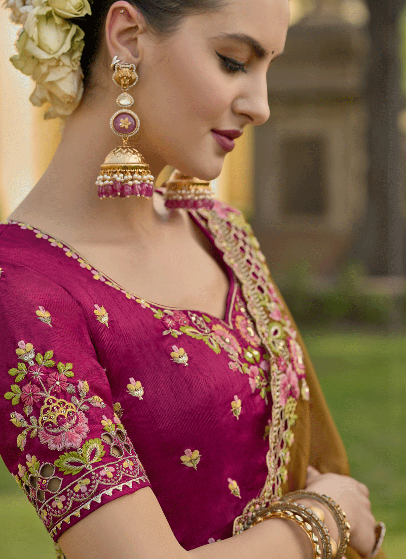 Mustard Tissue Organza Embroidered Silk Designer Saree