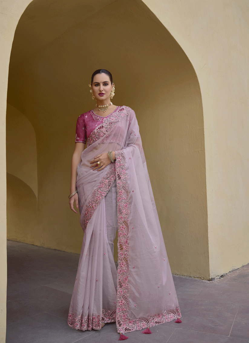 Lilac Tissue Organza Embroidered Silk Designer Saree