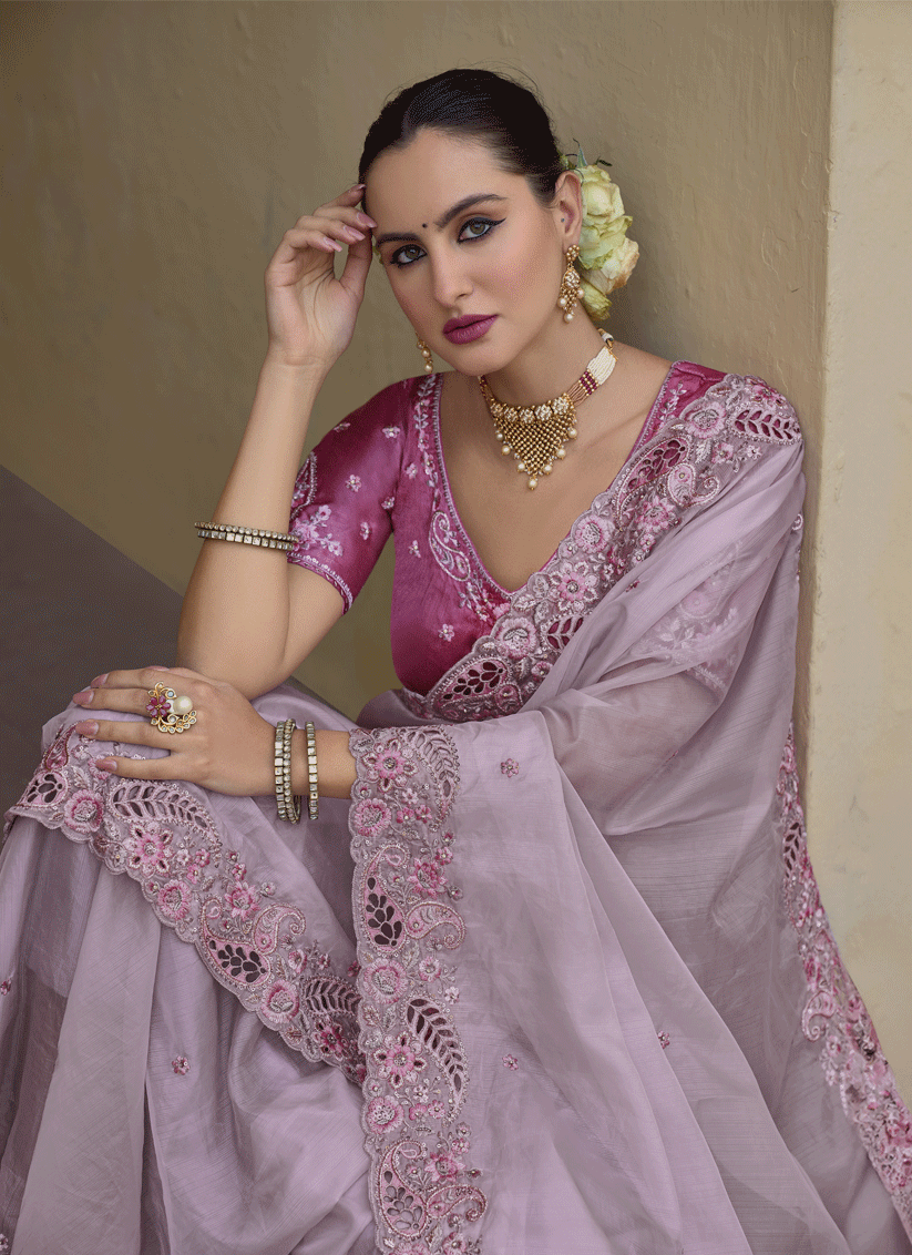Lilac Tissue Organza Embroidered Silk Designer Saree