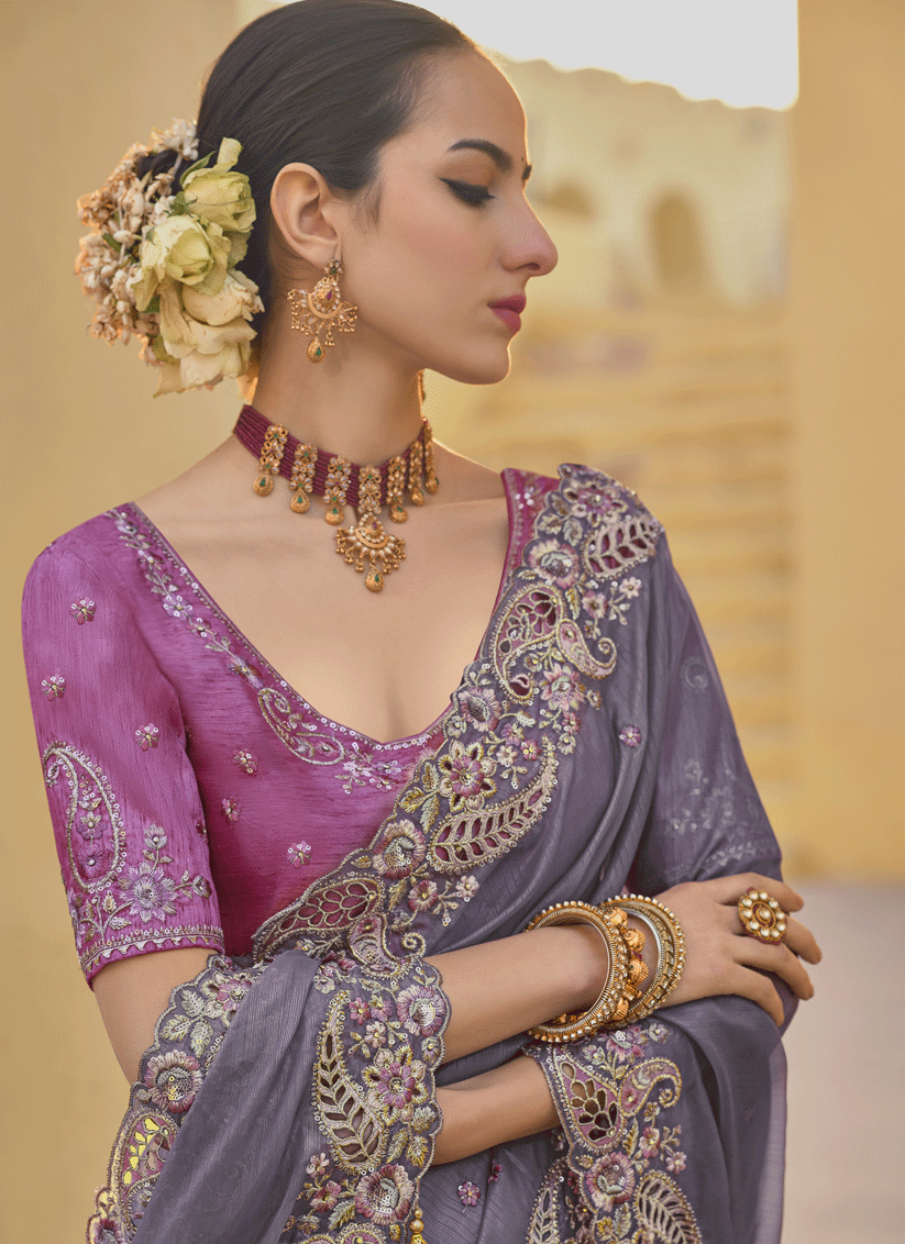 Lavender Grey Tissue Organza Embroidered Silk Designer Saree