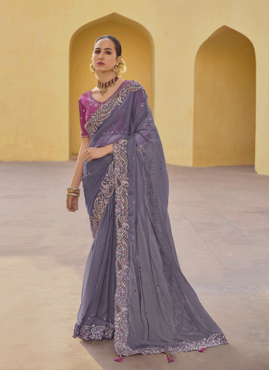 Lavender Grey Tissue Organza Embroidered Silk Designer Saree