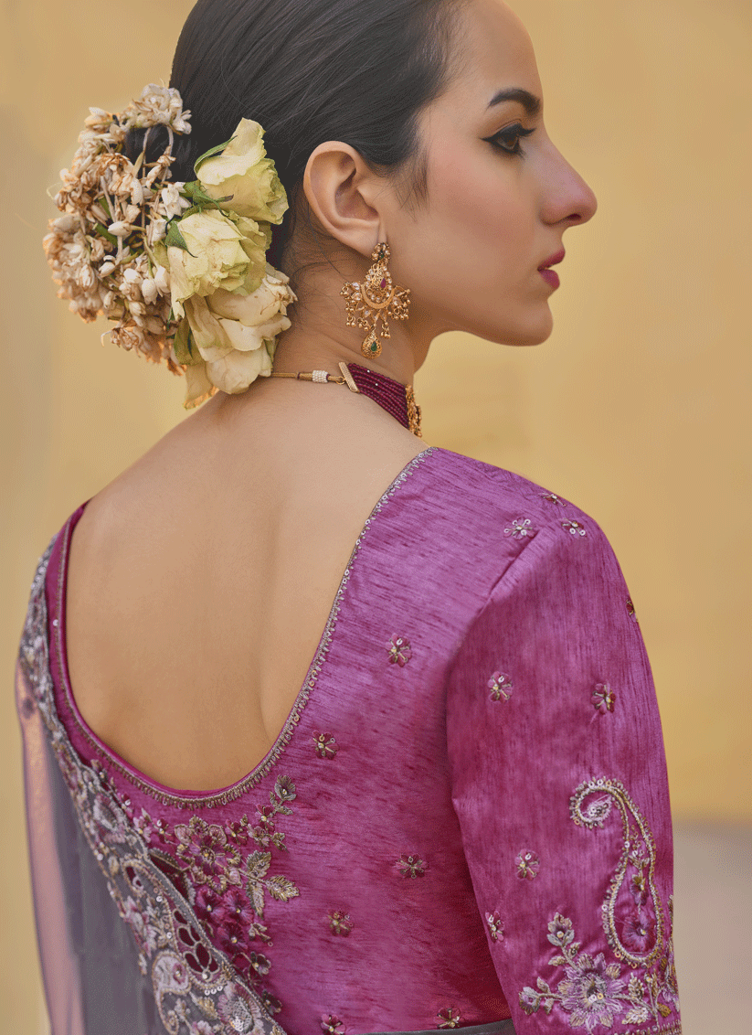 Lavender Grey Tissue Organza Embroidered Silk Designer Saree