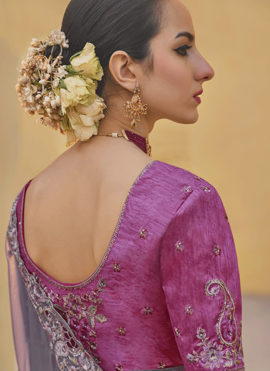 Lavender Grey Tissue Organza Embroidered Silk Designer Saree