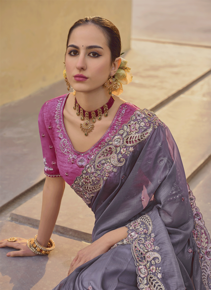 Lavender Grey Tissue Organza Embroidered Silk Designer Saree