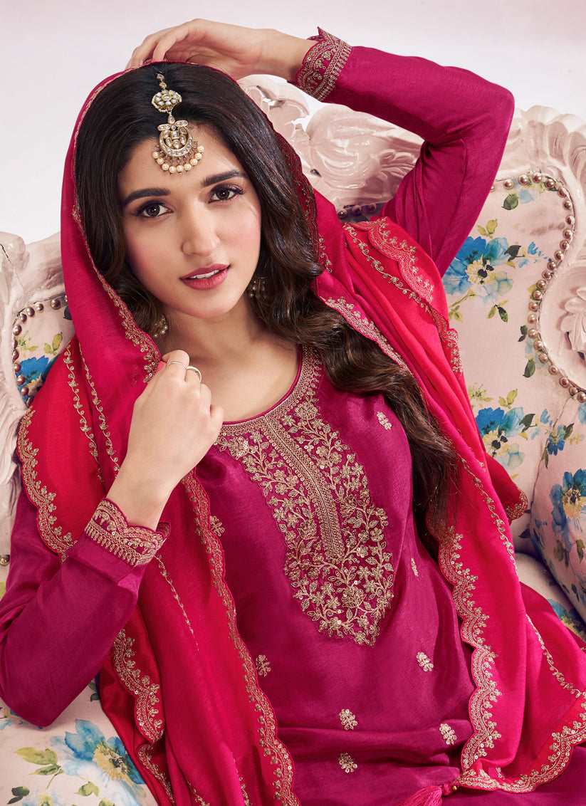 Nidhi Shah Rani Pink Silk Georgette Embroidered Palazzo Suit