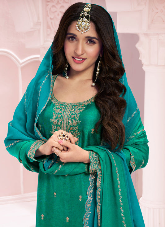 Nidhi Shah Rama Green Silk Georgette Embroidered Palazzo Suit