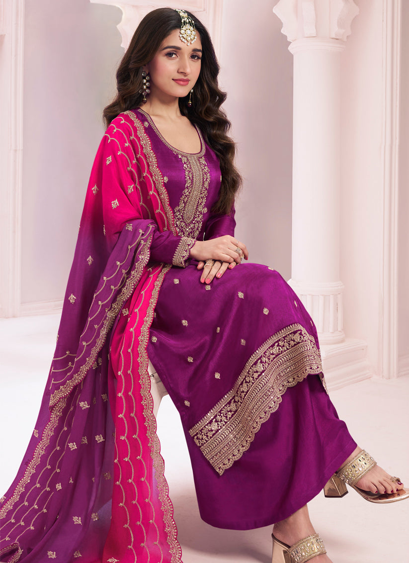 Nidhi Shah Magenta Silk Georgette Embroidered Palazzo Suit