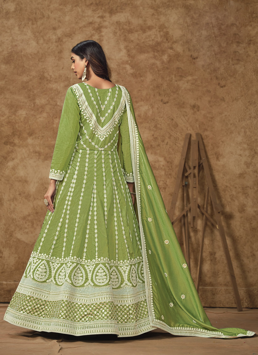 pistachio green dola silk embroidered gown with dupatta