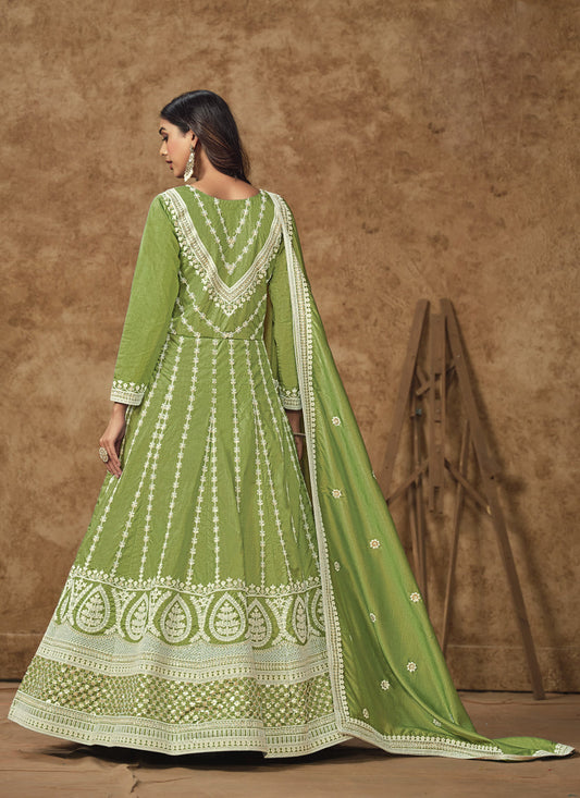 pistachio green dola silk embroidered gown with dupatta