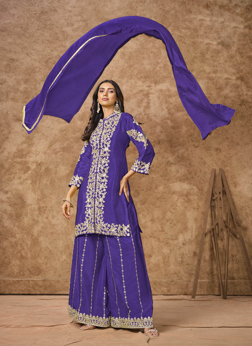 violet chinnon silk embroidered palazzo kameez