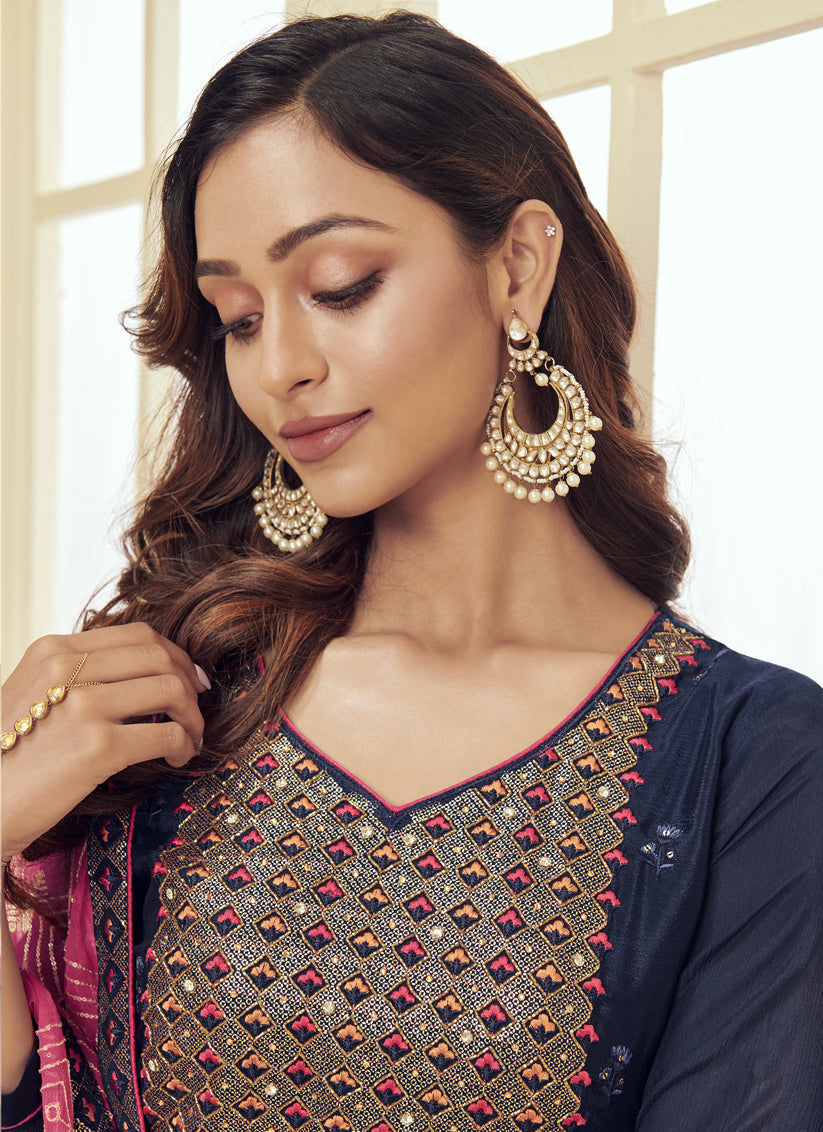 Midnight Blue Georgette Embroidered Pant Kameez Set