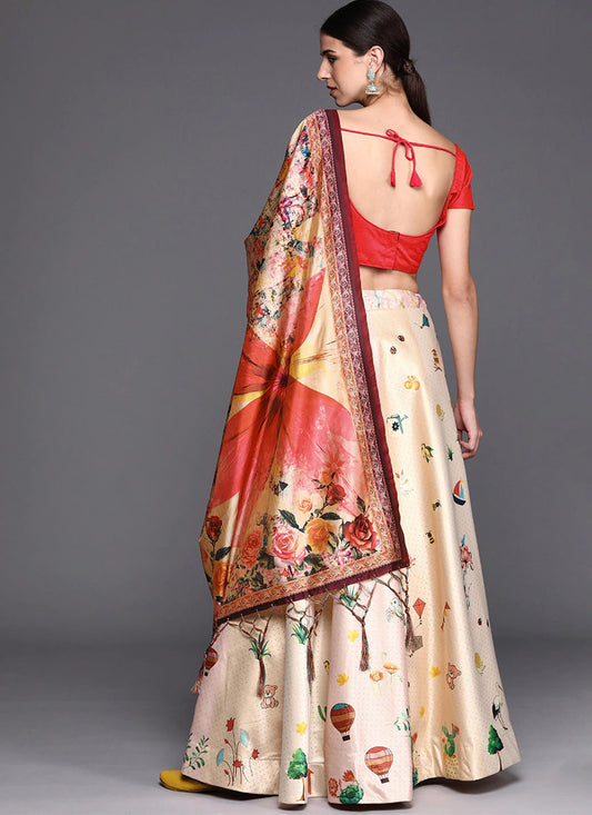 White Satin Silk Blend Digital Print Navratri Specials Chaniya Choli