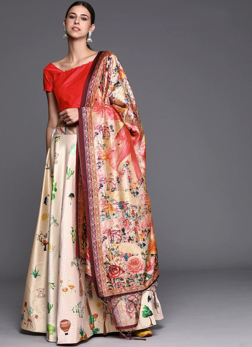 White Satin Silk Blend Digital Print Navratri Specials Chaniya Choli