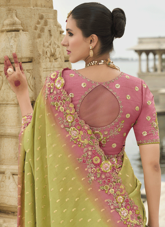 Lime Green Embroidered Tissue Silk Wedding Saree