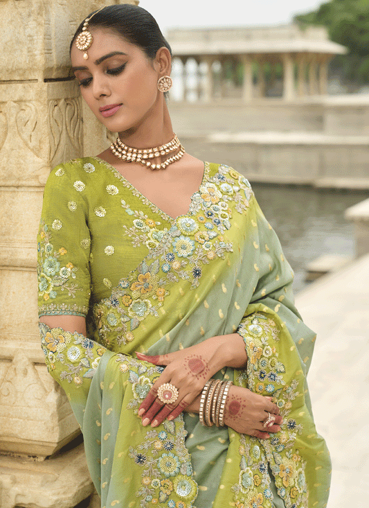 Pastel Green Embroidered Tissue Silk Wedding Saree