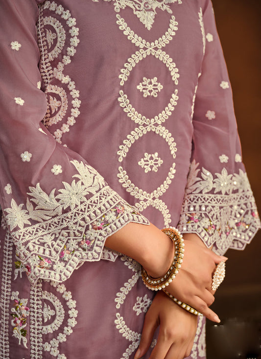 Mauve Organza Embroidered Pant Kameez