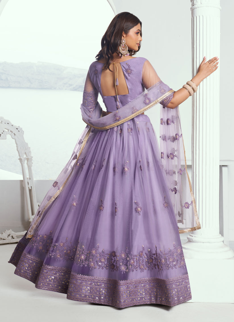 Purple Net Embroidered Wedding Lehenga Choli Set