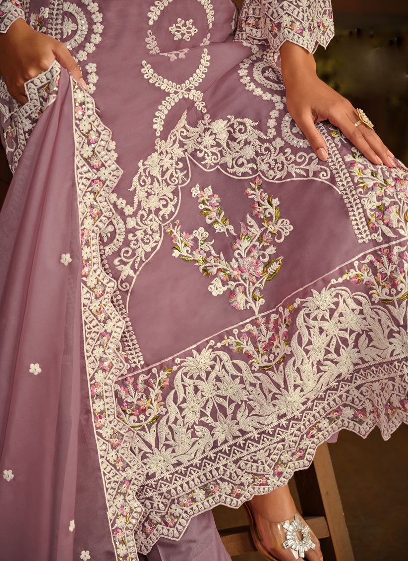 Mauve Organza Embroidered Pant Kameez