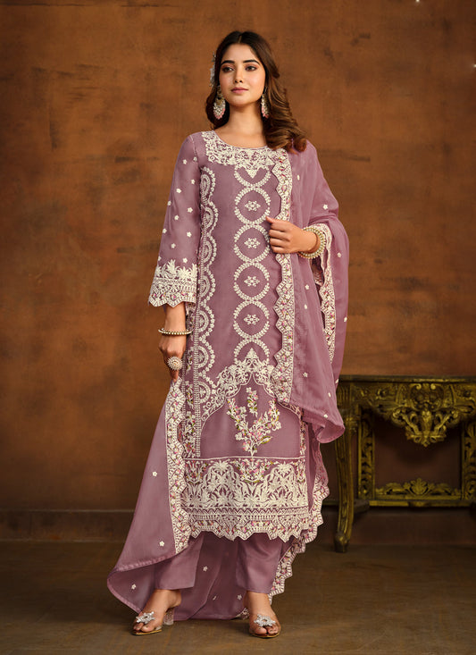 Mauve Organza Embroidered Pant Kameez