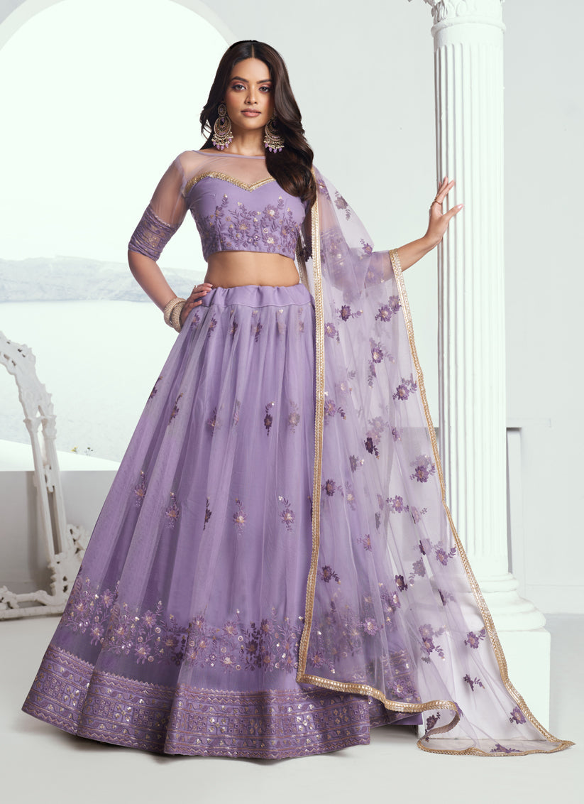 Purple Net Embroidered Wedding Lehenga Choli Set