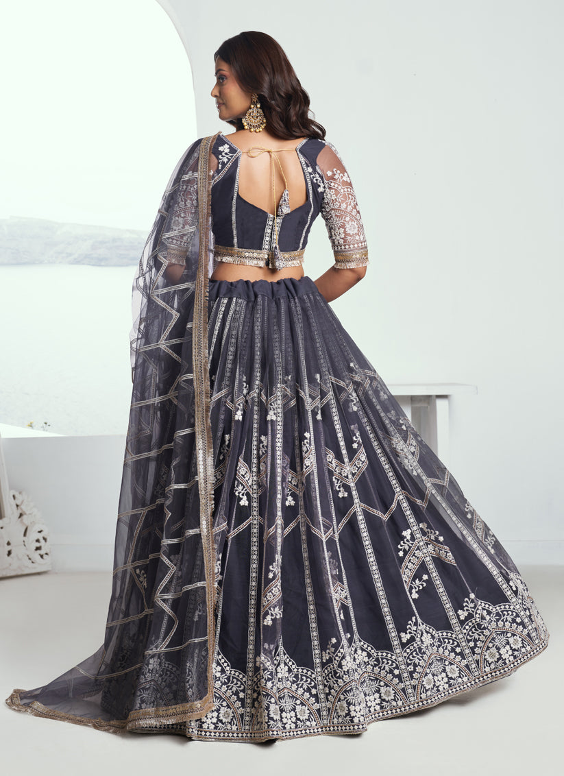 Ash Grey Net Embroidered Wedding Lehenga Choli Set