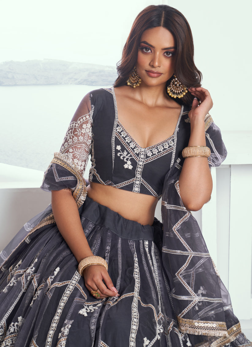 Ash Grey Net Embroidered Wedding Lehenga Choli Set