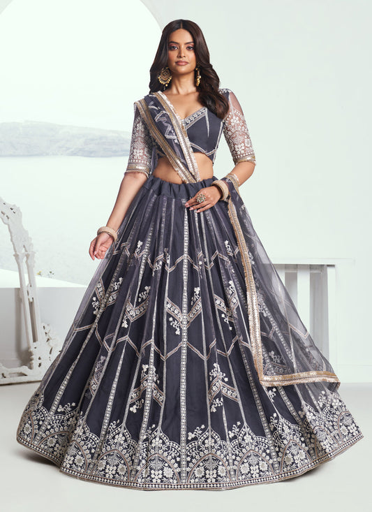Ash Grey Net Embroidered Wedding Lehenga Choli Set