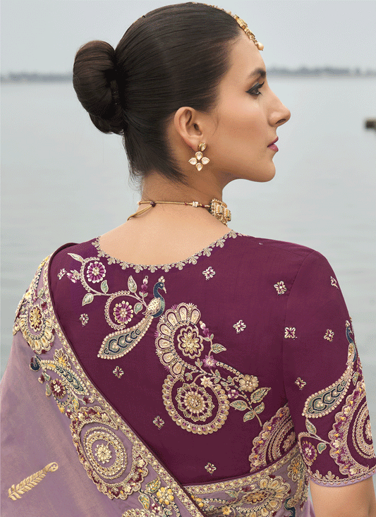 Mauve Pink Embroidered Tissue Silk Wedding Saree