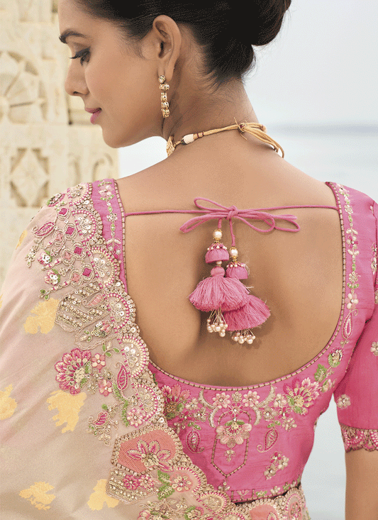 Off White Embroidered Tissue Silk Wedding Saree