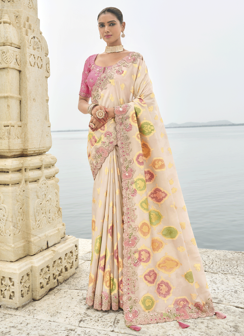 Off White Embroidered Tissue Silk Wedding Saree