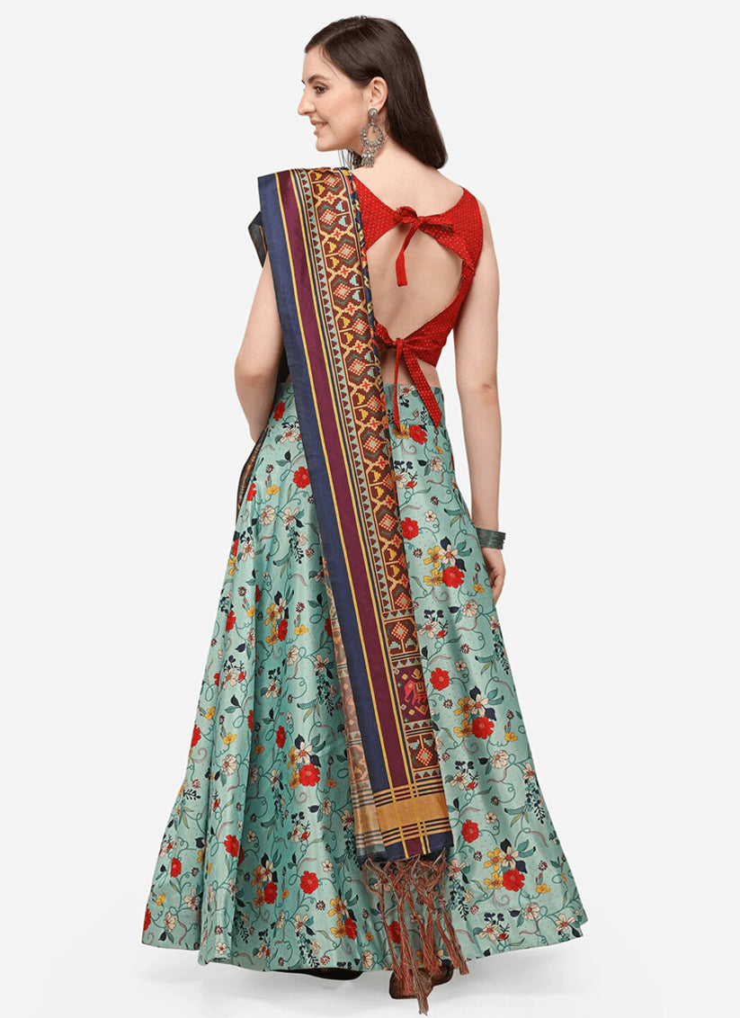 Sky Blue Satin Silk Blend Digital Print Navratri Specials Chaniya Choli