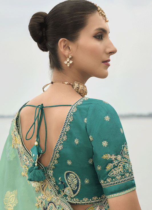 Sea Green Embroidered Tissue Silk Wedding Saree