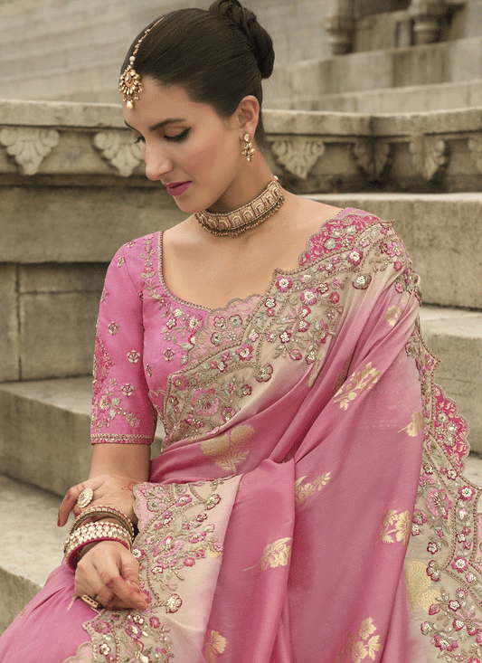 Pink Tissue Embroidered Tissue Silk Wedding Saree